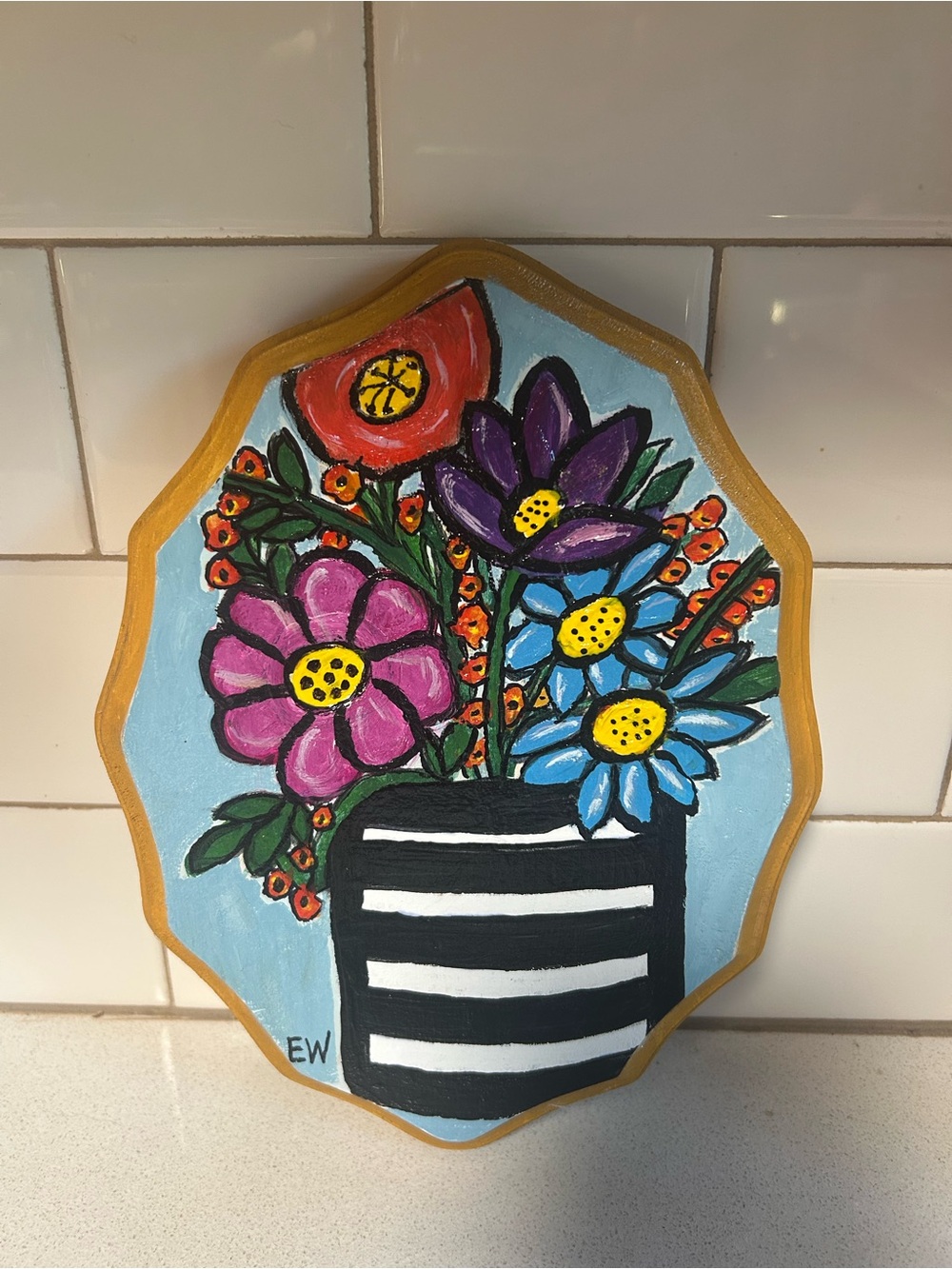 Hand-Painted Floral Plaque with Bright Bouquet